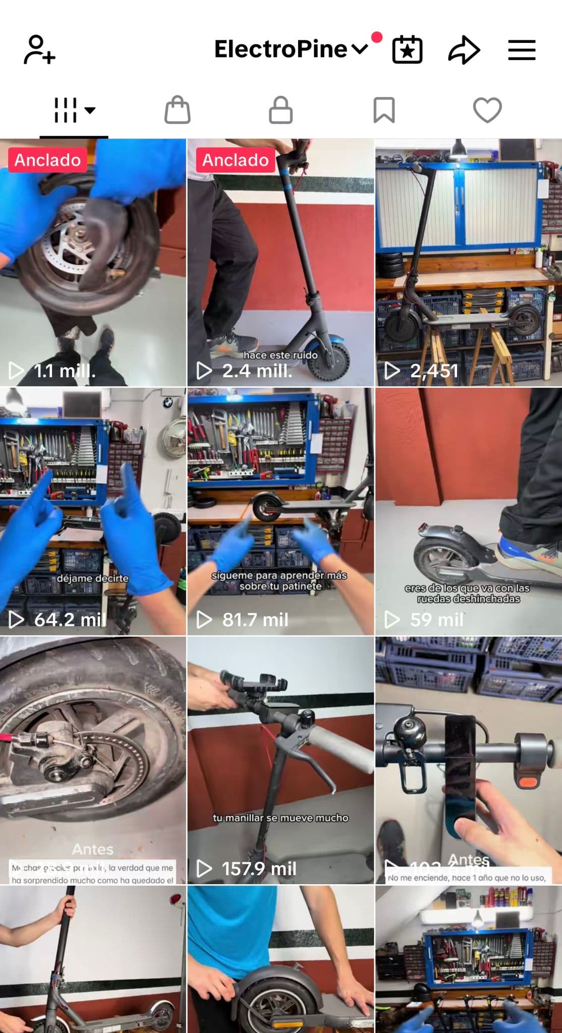Grid de vídeos TikTok de ElectroPine con millones de visualizaciones